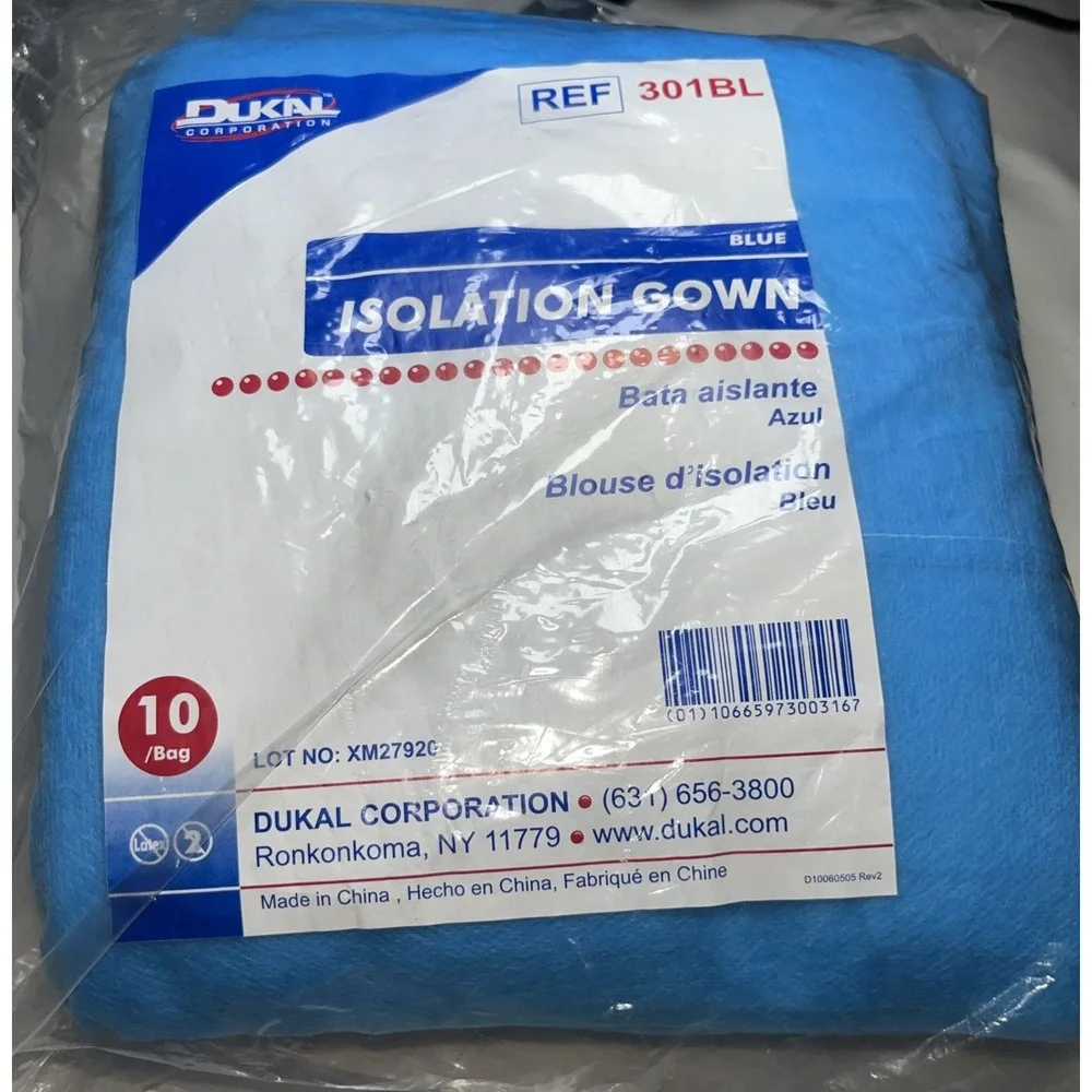 Dukal 301BL Isolation Gowns Universal Blue 10 Count Bag
